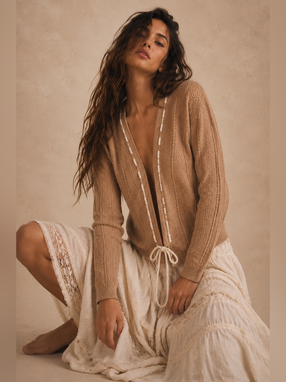 Sunday Edition Small Tan Open Knit Cardigan Boho Tie Front Pointelle Sweater